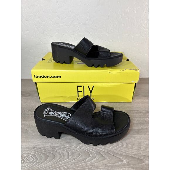 Fly London TECH493FLY Mousse Women's Black Leather Slip on Sandals Size 38 US 7 - Picture 1 of 7